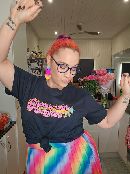 Ashy Anne "Groove is in the heart" Shirt - Orange, Pink, Green and Blue on Navy