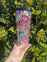 Ashy Anne 'NOPE" Glitter Tumbler (multicoloured print, Black lid/straw and Silver holographic glitter)