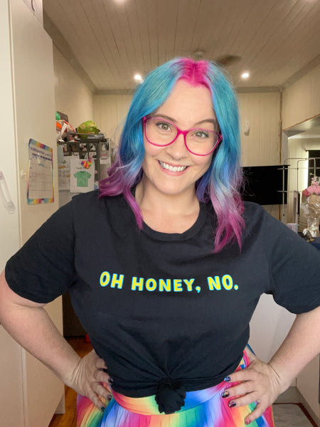 Ashy Anne "OH HONEY, NO" Shirt - Yellow and Blue on Navy